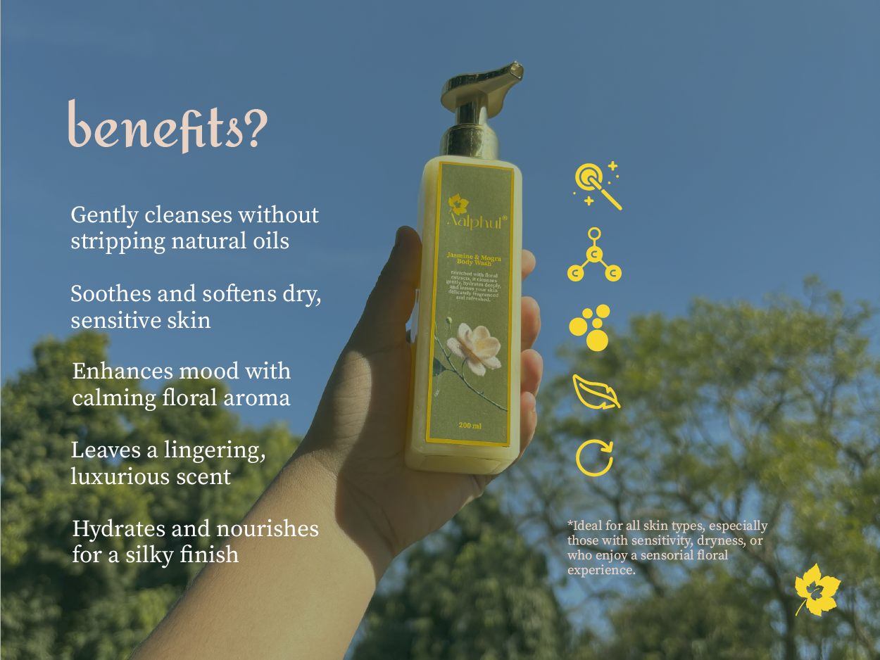 Hand holding a bottle of natural Aalphul Jasmine & Mogra Body Wash with Benefits listed on a blue sky and tree background