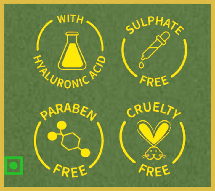 Four badges indicating Aalphul Jasmine & Mogra Body Wash Paraben-Free,Cruelty-Free,Sulphate-Free & Hyaluronic Acid on a green background