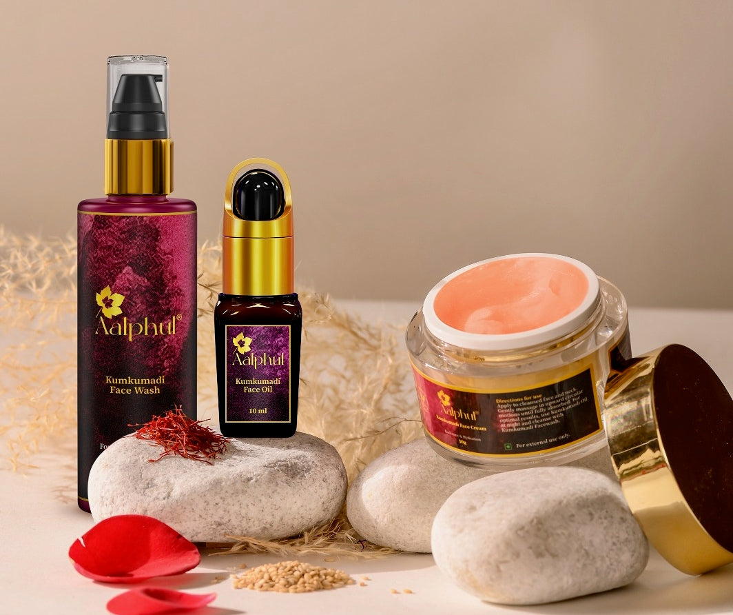 Aalphul Kumkumadi Combo Display image showing the Kumkumadi Face Oil, Face Cream and Fash Wash with herbs