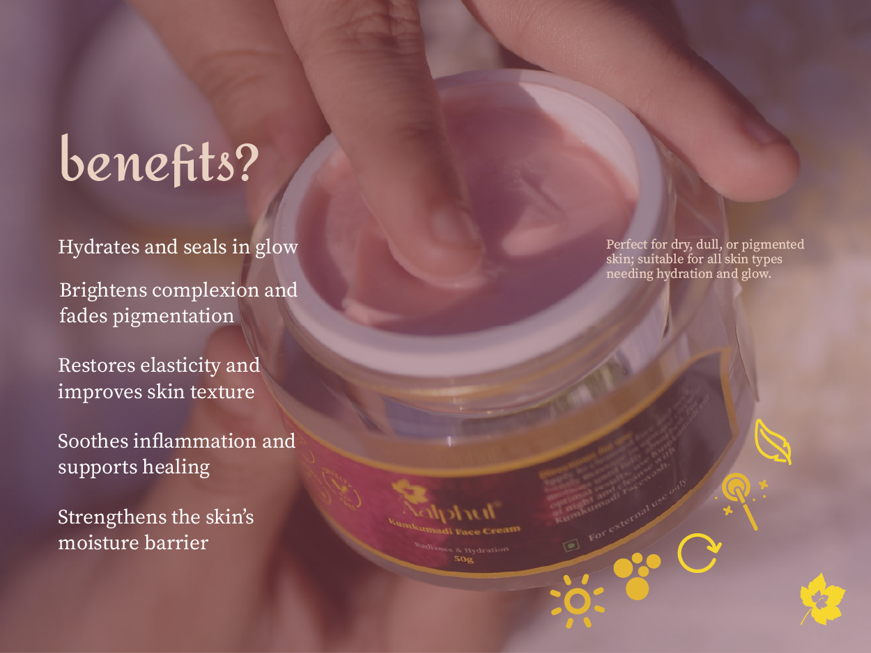 Hand applying cream to a jar with text about skin benefits on a blurred background