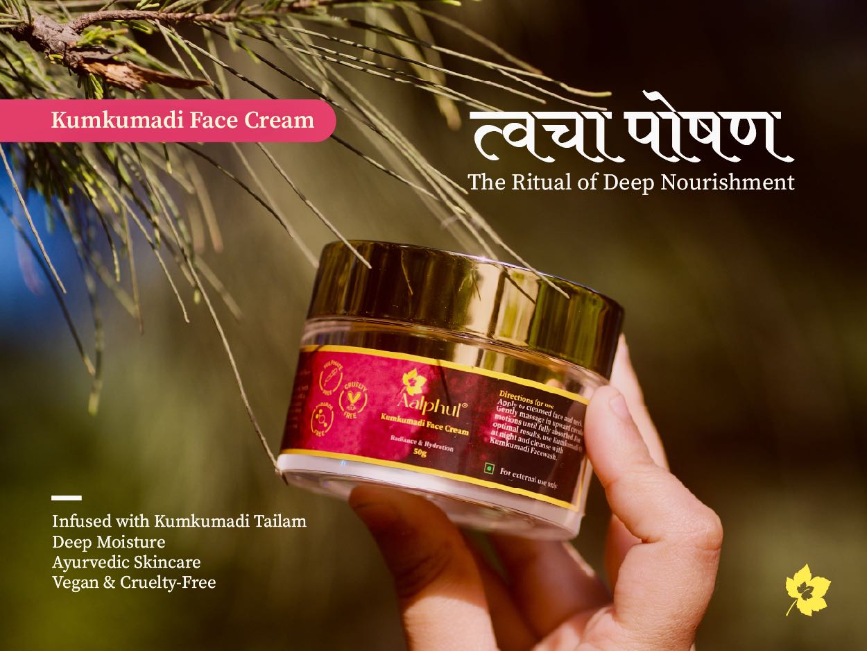 Aalphul Kumkumadi Face Cream jar held by a hand with greenery in the background with text showcasing its features and benefits