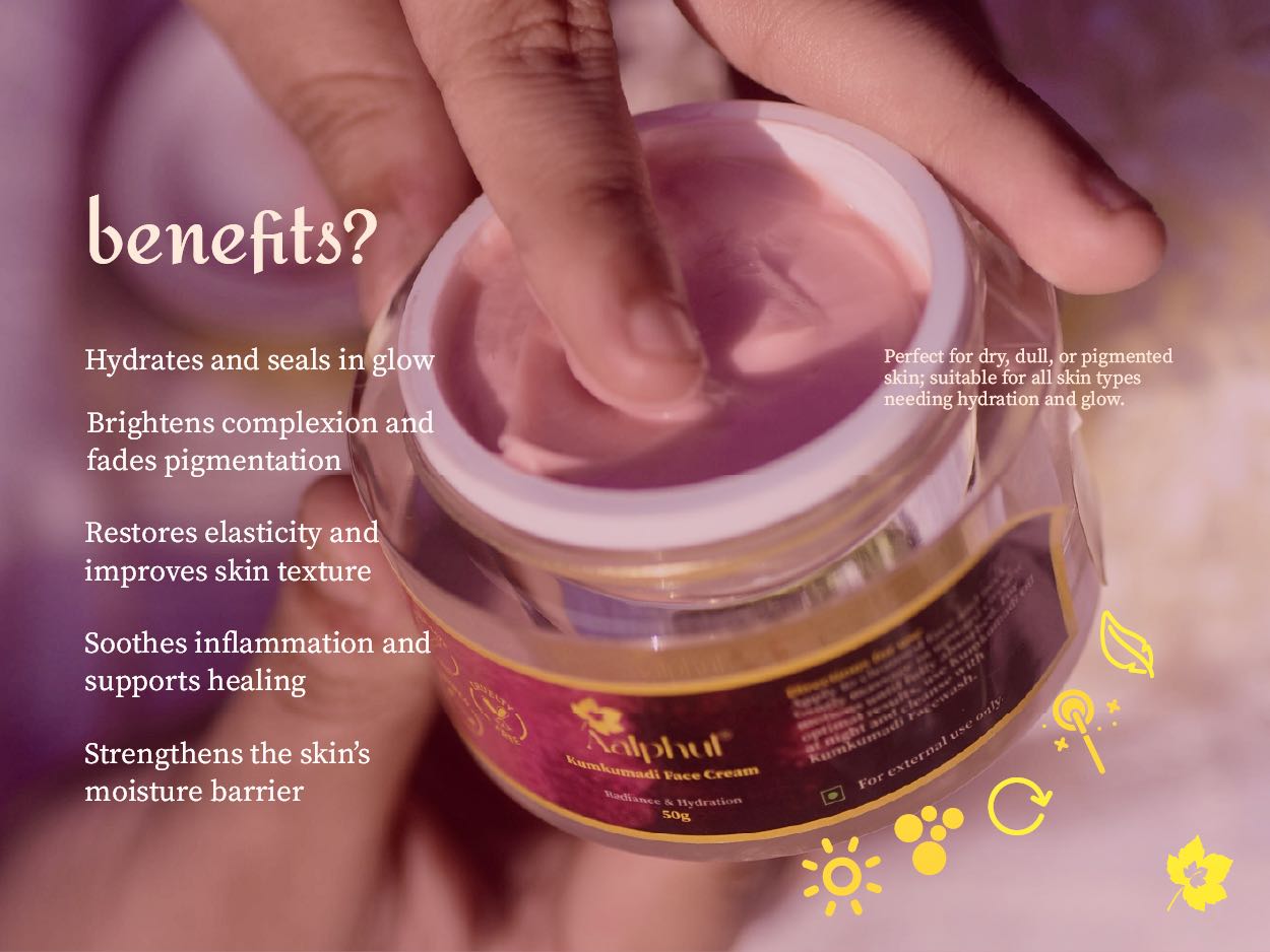 Hand holding a jar of Aalphul Kumkumadi Face Cream with text listing benefits on a blurred background