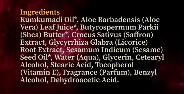 List of Aalphul Kumkumadi Face Cream ingredients on a dark background