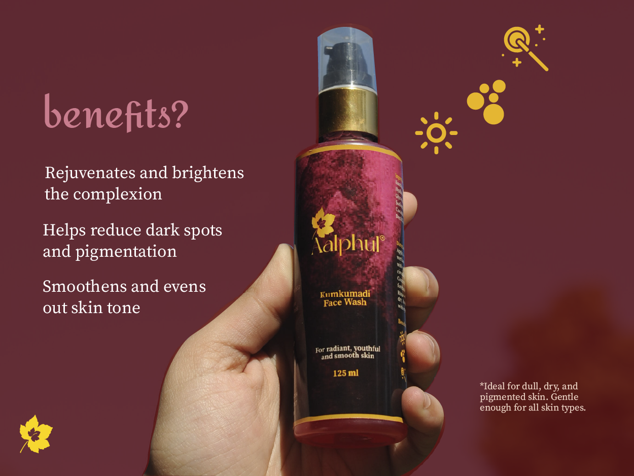 Hand holding a bottle of Aalphul Kumkumadi Face Wash with product benefits on a dark red background