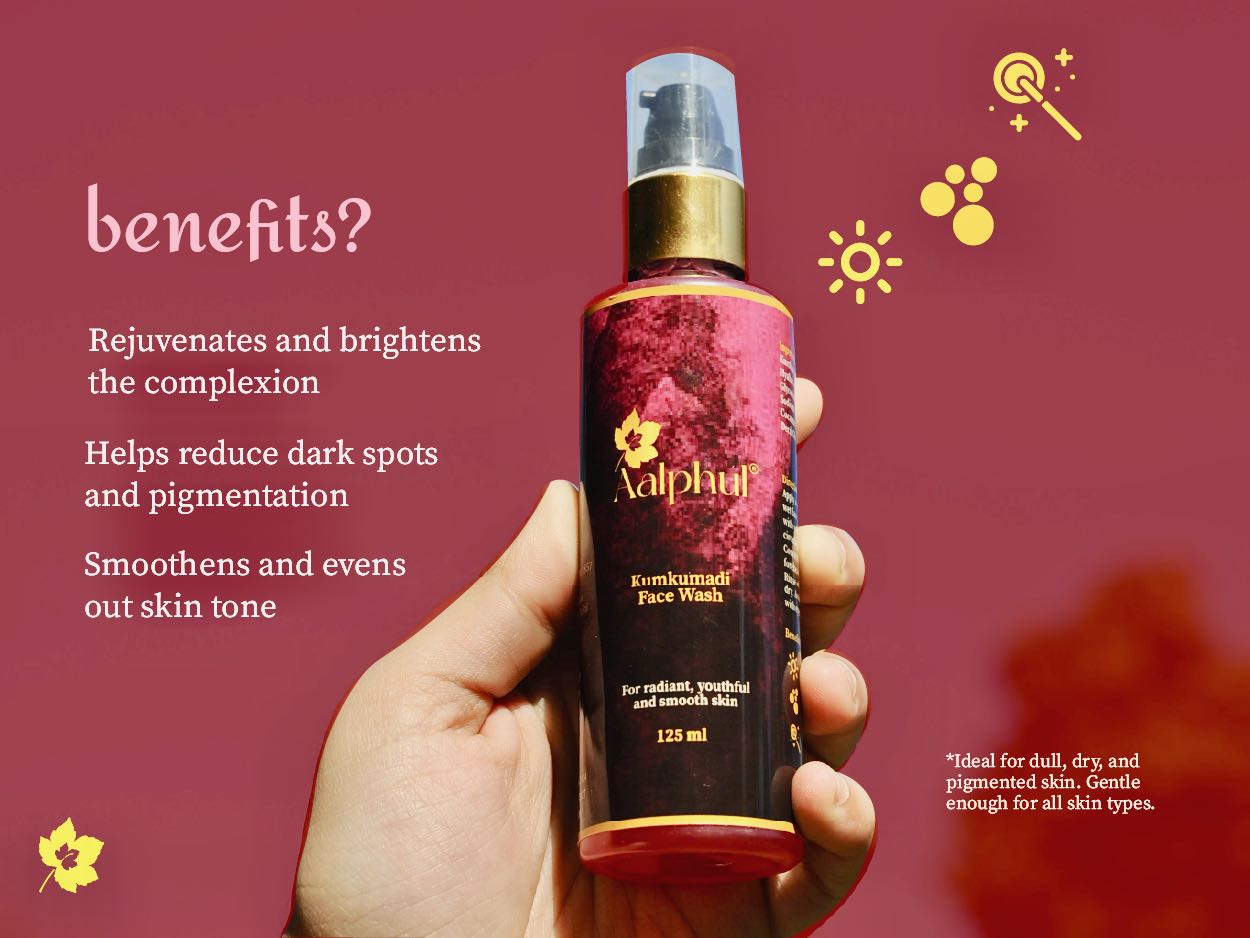 Hand holding a bottle of Aalphul Face Wash with product benefits on a red background
