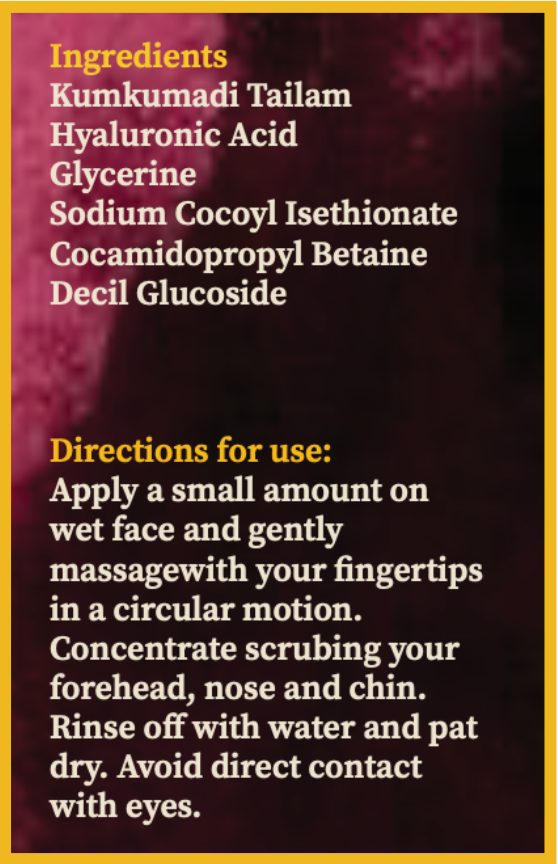 Aalphul Kumkumadi Face Wash label with ingredients and directions for use on a dark background