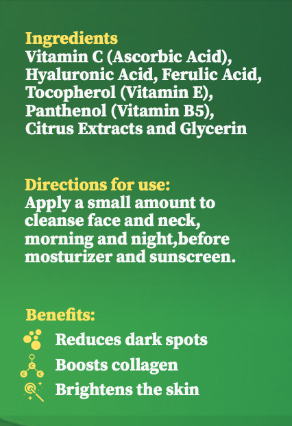 Aalphul Vitamin C Serum bottle label with ingredients,directions for use and benefits on a green background