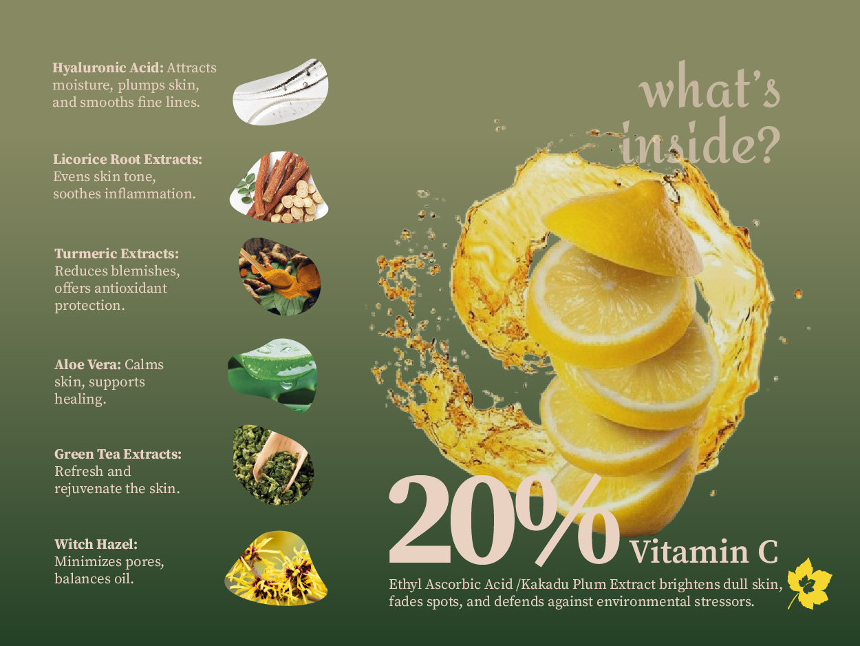 Aalphul Vitamin C Serum with lemon slices display and lists out the ingredients on a green background