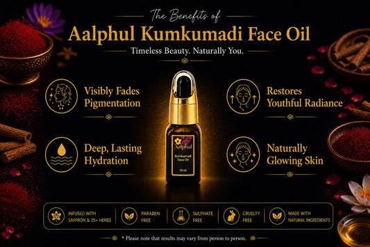 The benefits of Aalphul Kumkumadi Face Oil are displayed in this image