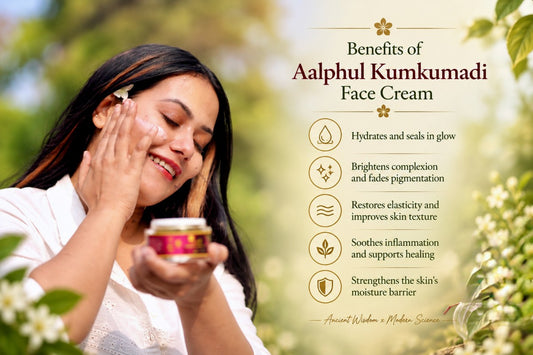 A woman outdoors applies cream to her face while holding a small jar of Aalphul Kumkumadi Face Cream. The right side features a beige text panel with green foliage in the background, detailing the benefits of the face cream.