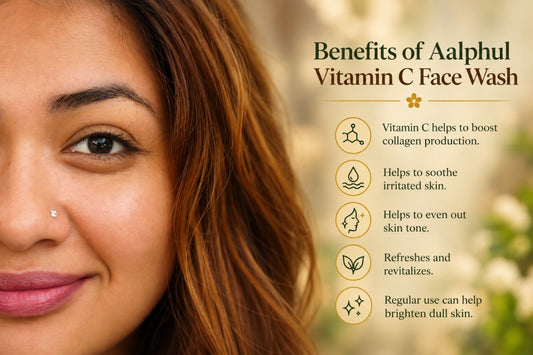 Close-up of a smiling woman's face with text on the right reading 'Benefits of Aalphur Vitamin C Face Wash' and five bullet points about skin benefits, on a softly blurred warm background.