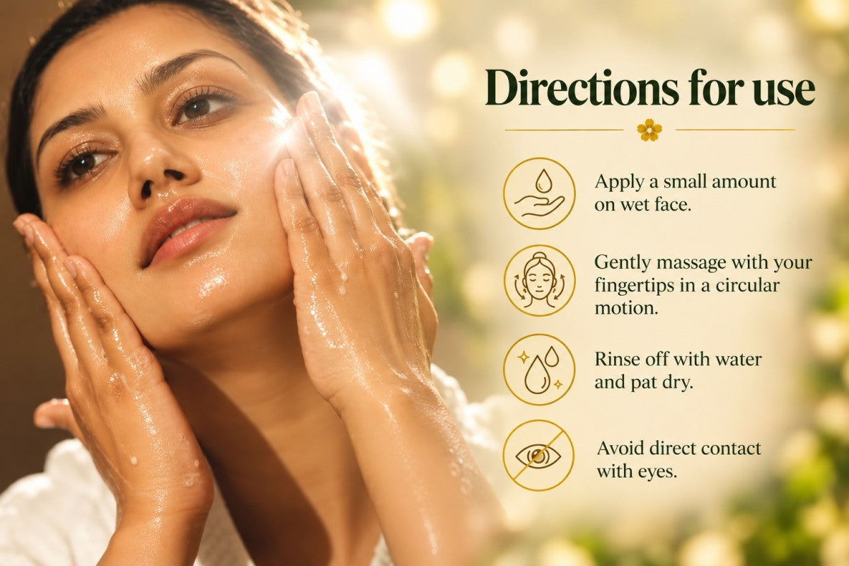 A woman with a wet face applies and massages the Aalphul Vitamin C Face Wash on her face, shown alongside a 'Directions for use' panel with four steps on a warm, softly lit background.