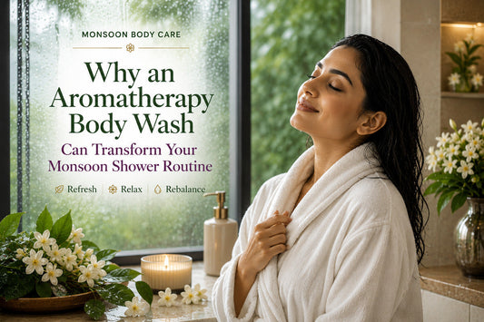 Woman feeling refreshed after an aromatherapy shower during the monsoon season in humid weather