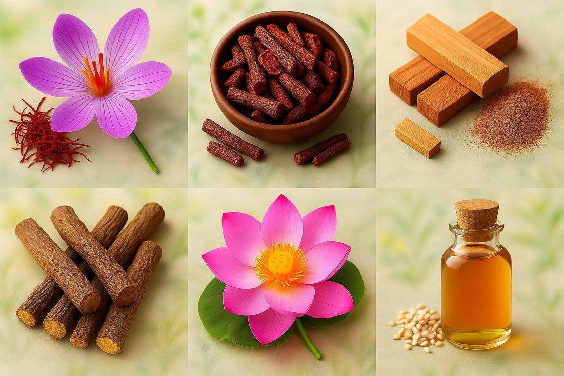Key ingredients of Kumkumadi Oil(Tailam) are Kesar, Manjistha, Sandalwood, Licorice, Lotus Extract and Pure Sesame Oil