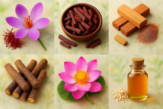 Key ingredients of Kumkumadi Oil(Tailam) are Kesar, Manjistha, Sandalwood, Licorice, Lotus Extract and Pure Sesame Oil