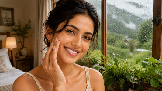 Indian woman following a kumkumadi based skincare routine during monsoon with a rainy window and lush green background