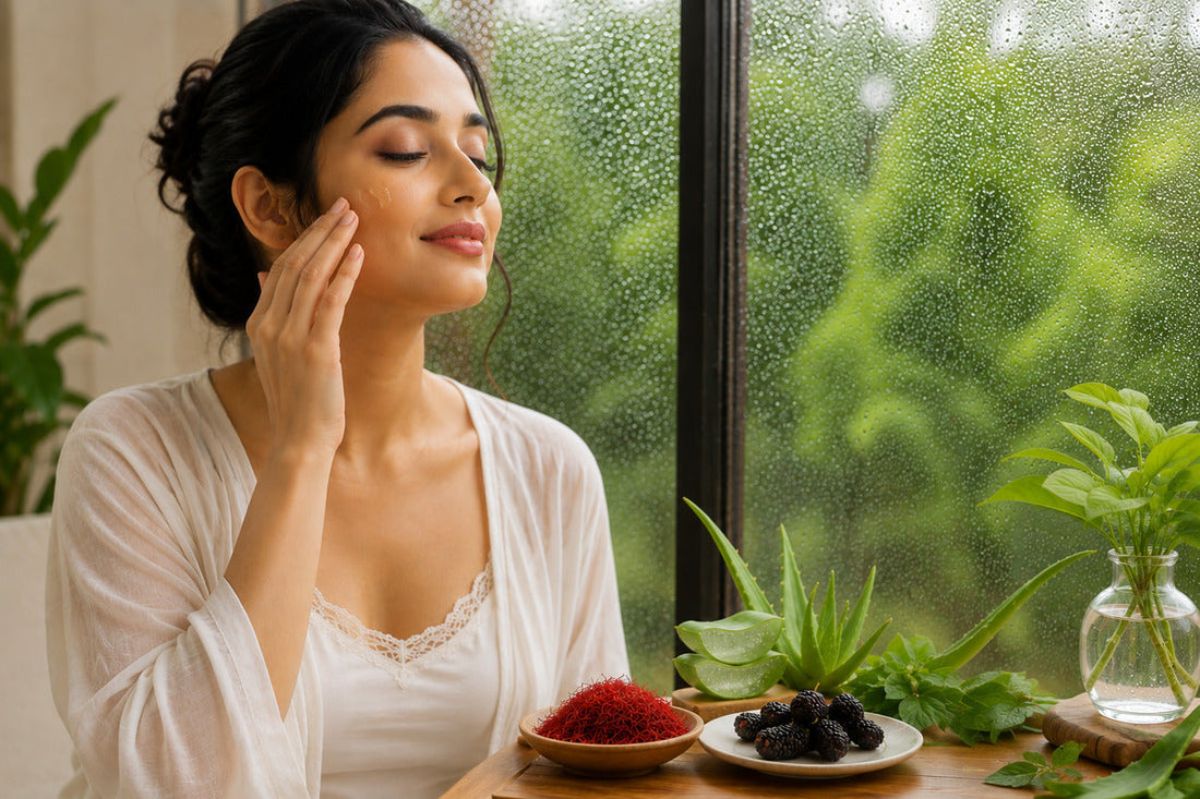 Woman following a monsoon skincare routine using natural skincare products during humid weather