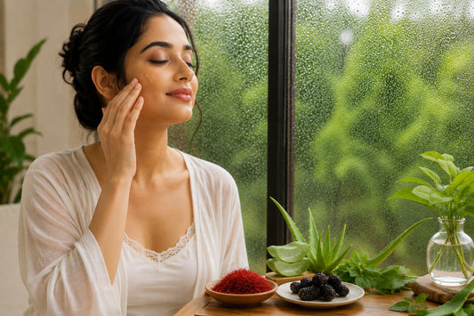 Woman following a monsoon skincare routine using natural skincare products during humid weather