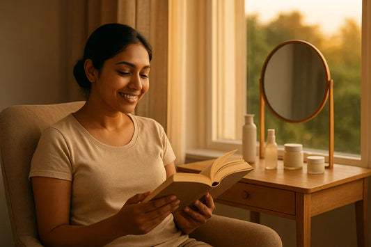 Woman reading a book in a cozy room with a window and vanity table happy with the use of skincare for selfcare