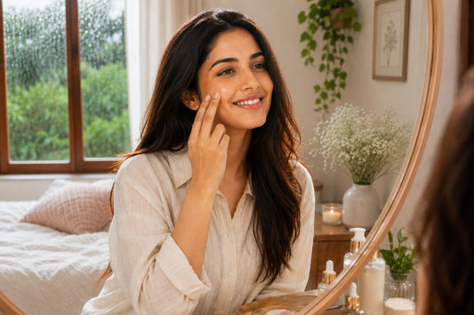 Woman applying Vitamin C serum as part of a monsoon skincare routine