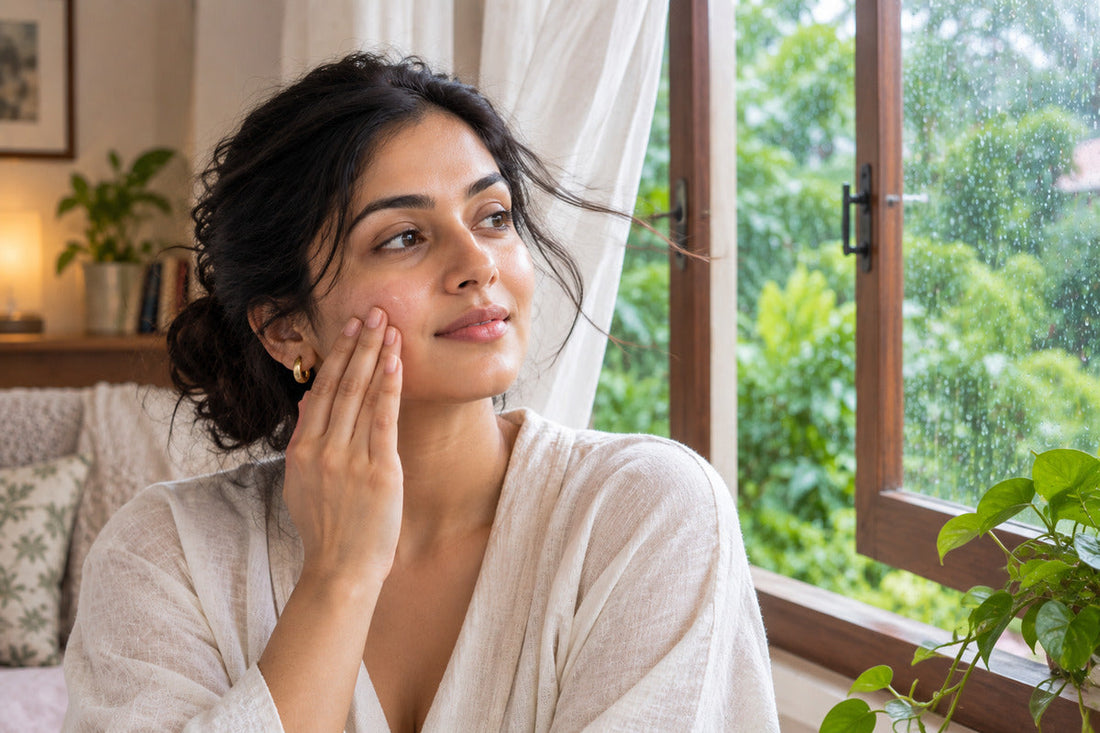 Indian woman with naturally dewy skin during monsoon skincare routine