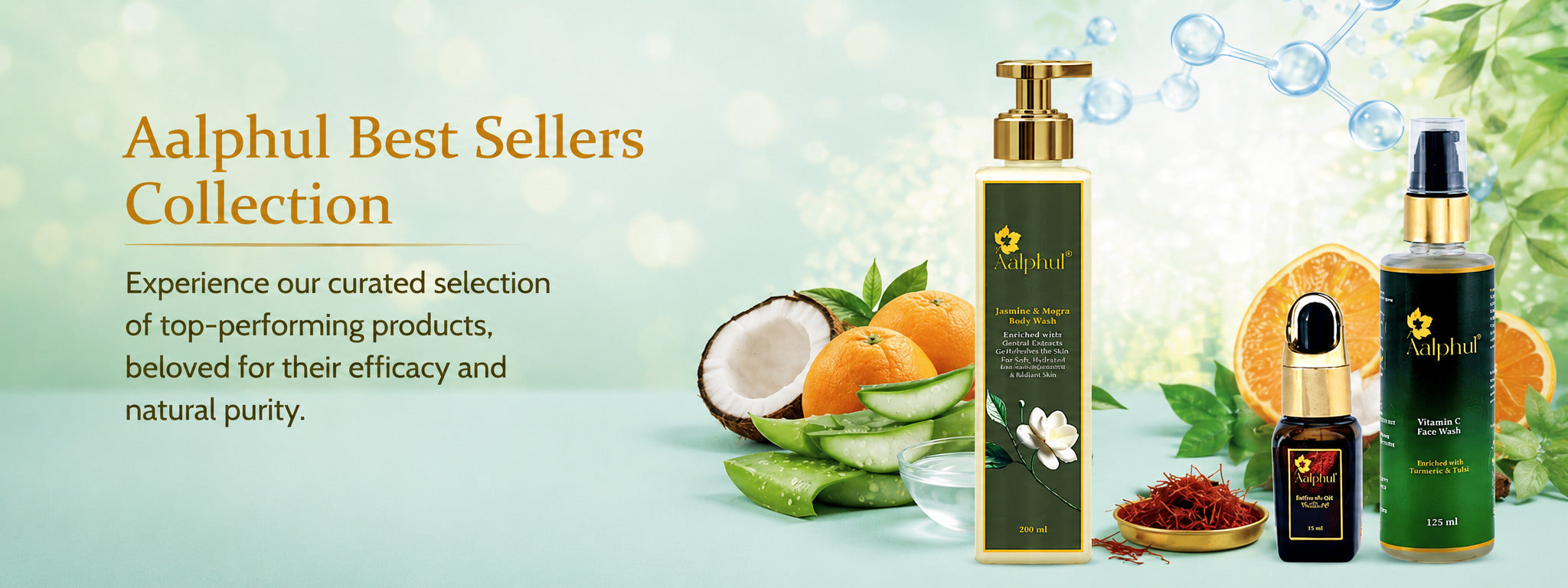 Aalphul Best Sellers Skincare Collection with skincare products on a light green background
