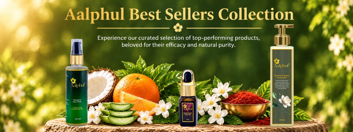 Aalphul Best Sellers Collection featuring Jasmine & Mogra Body Wash, Kumkumadi Face Oil and Vitamin C Face Wash with natural botanical ingredients