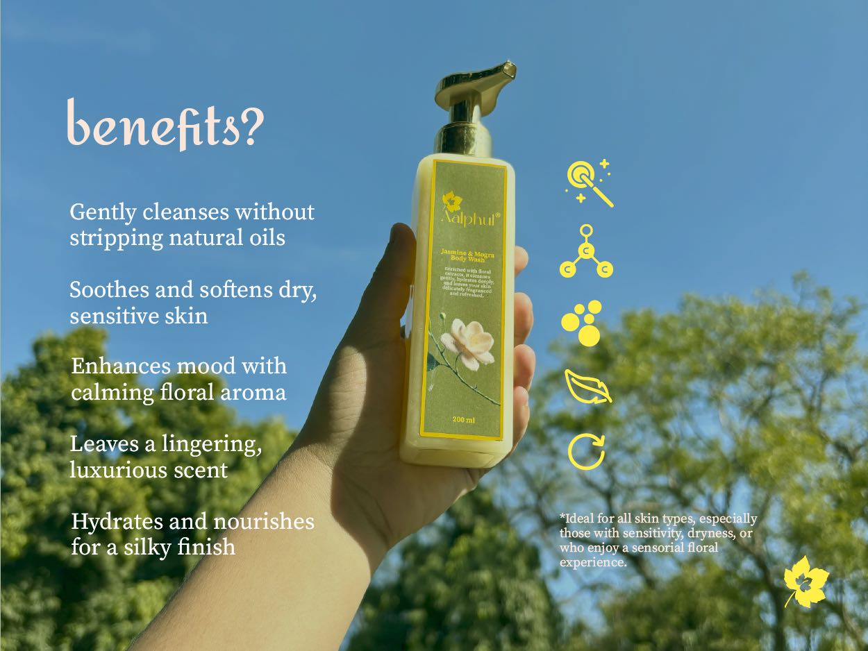 Hand holding a bottle of Aalphul Jasmine & Mogra Body Wash with Benefits listed on a blue sky and green tree background