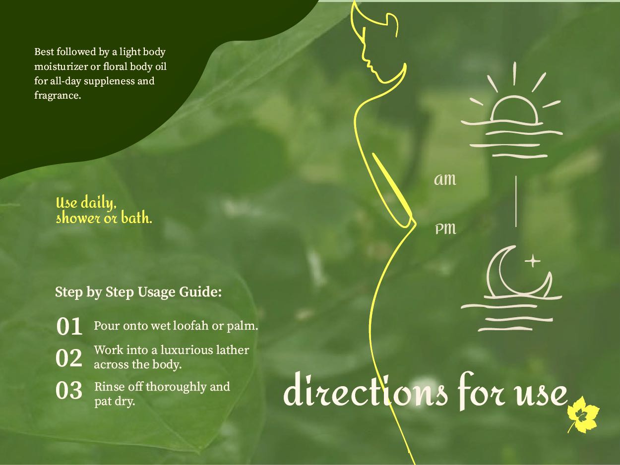 Usage direction for the Aalphul Jasmine & Mogra Body Wash with step-by-step instructions and illustrations on a green background.