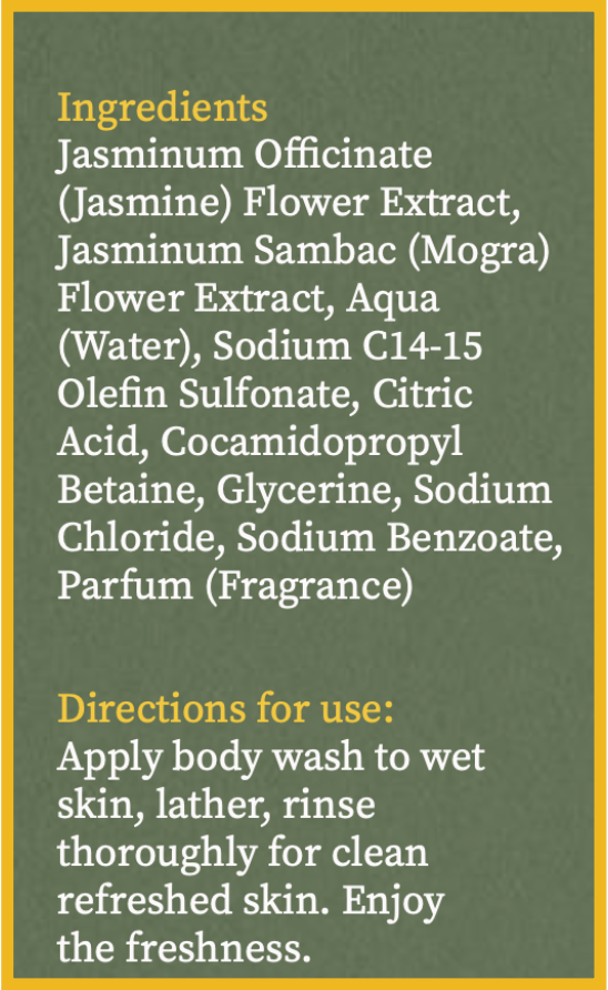 Aalphul Jasmine & Mogra Body Wash label with ingredients and directions for use on a green background