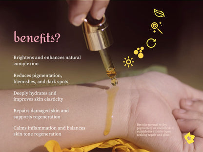 Hand applying Aalphul Kumkumadi Face Oil from a dropper with text about benefits on a blurred background