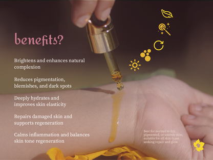 Aalphul Kumkumadi Face Oil being applied to skin with benefits listed