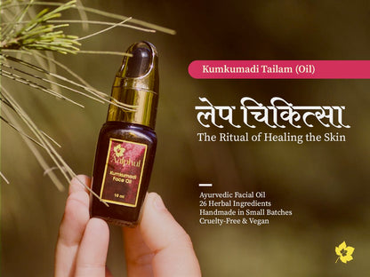 Hand holding a bottle of Aalphul Kumkumadi Tailam oil with text about its benefits and ingredients.