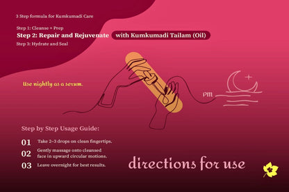 Instructional graphic for Aalphul Kumkumadi Face Oil Care showing a step-by-step usage guide with illustrated hands applying oil to a face, set against a pink and magenta gradient background with text instructions.