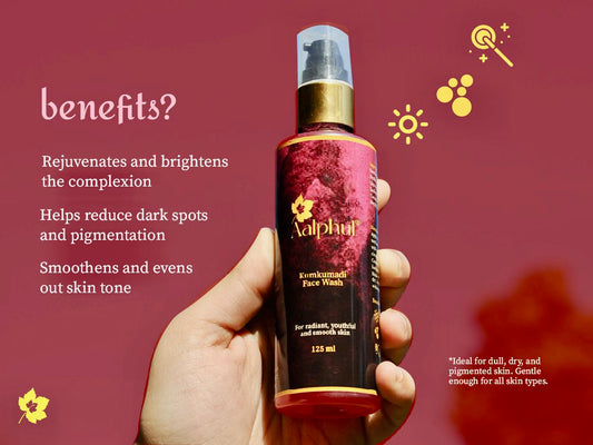 Hand holding a bottle of Aalphul Face Wash with product benefits on a red background