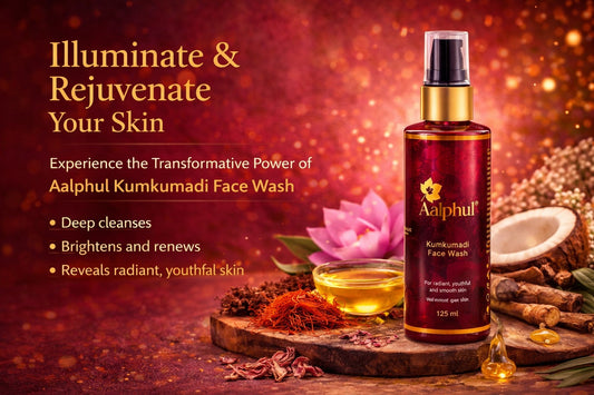 Aalphul Kumkumadi Face Wash bottle with ingredients on a wooden board against a red background