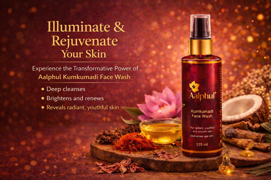Aalphul Kumkumadi Face Wash bottle with ingredients around it and the Kumkumadi Face Wash benefits are listed as well