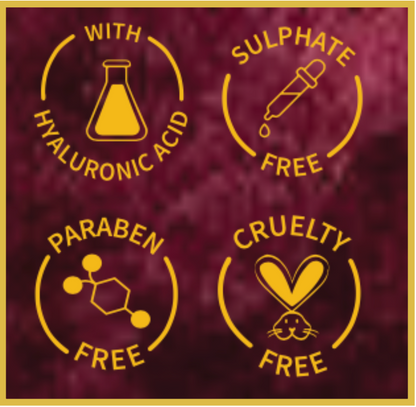 Set of icons indicating Aalphul Kumkumadi Face Wash features like hyaluronic acid, sulfate-free, paraben-free, and cruelty-free on a maroon background.
