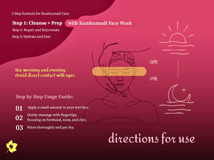 Aalphul Kumkumadi  Face Wash usage guide with step-by-step instructions on a pink background