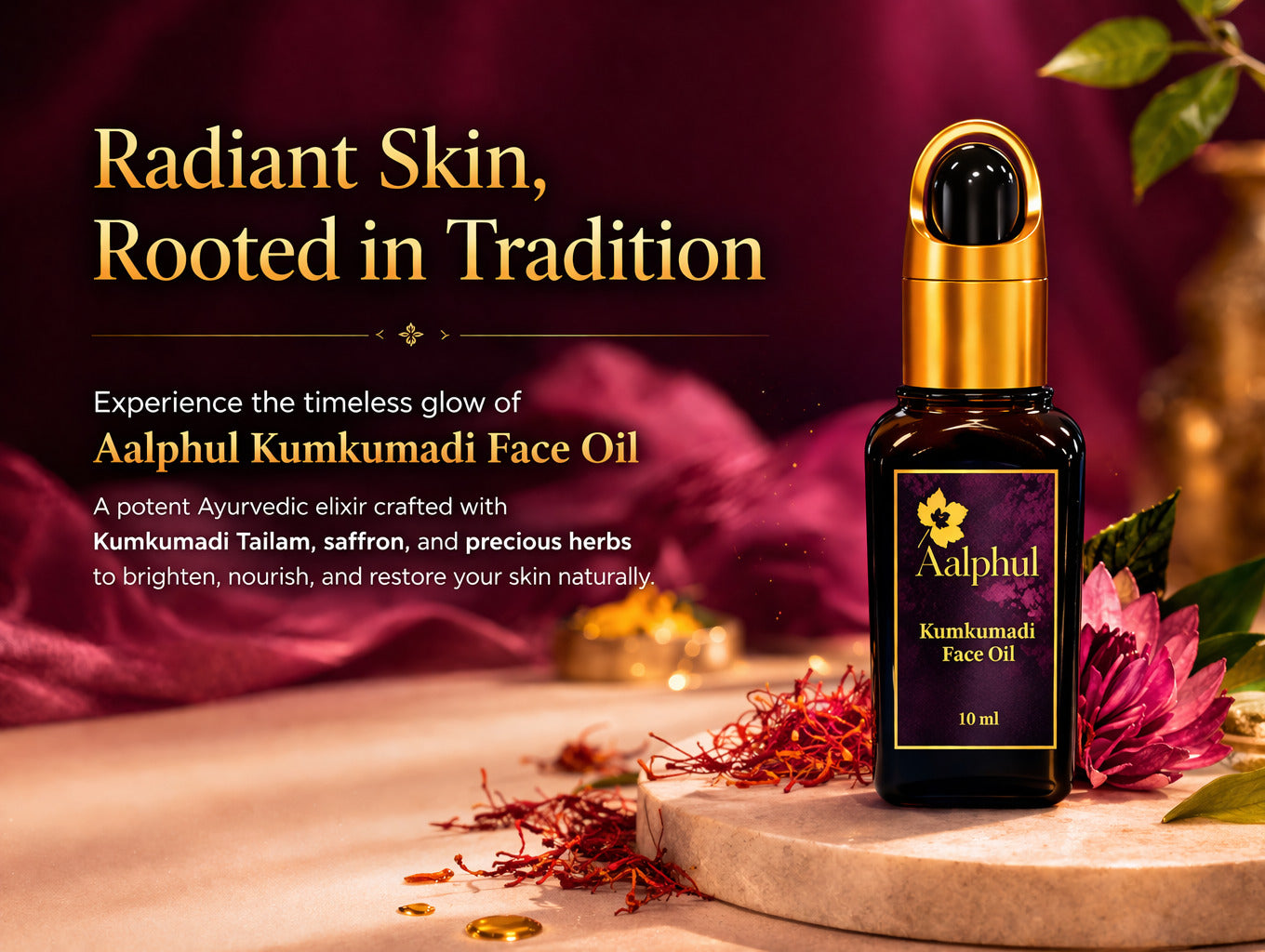 Aalphul Kumkumadi Face Oil bottle  on a decorative background