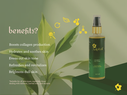Aalphul Vitamin C Face Wash bottle with plant leaves and benefits listed on a green background