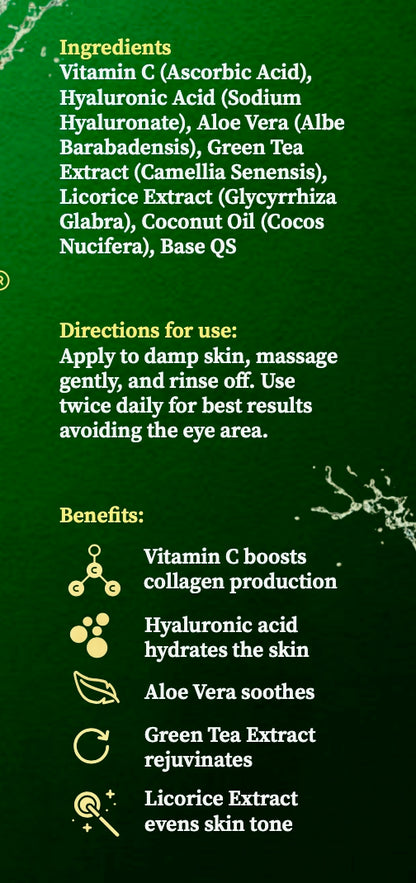 Aalphul Vitamin C Face Wash label with ingredients, directions for use and benefits on a green background.