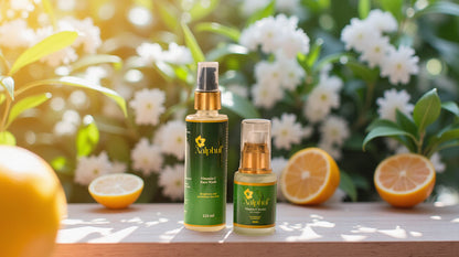Aalphul Vitamin C Range Combo comprising the Vitamin C Face Wash and Serum  bottles on a wooden surface with flowers and oranges in the background.
