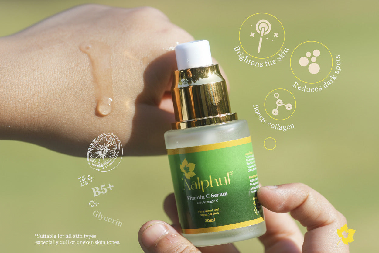 Holding the Aalphul Vitamin C Serum which has 20%v pure Vitamin C
