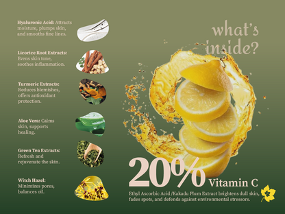 Aalphul Vitamin C Serum with lemon slices display and lists out the ingredients and benefits on a green background