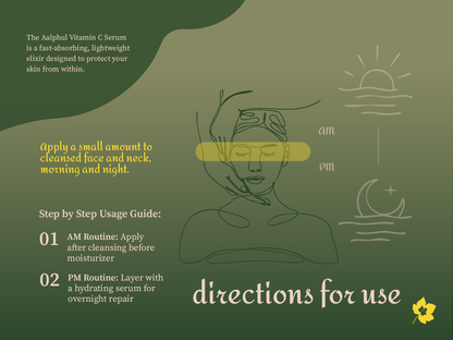 Usage Instructions for the Aalphul Vitamin C Serum with illustrations and text on a green background