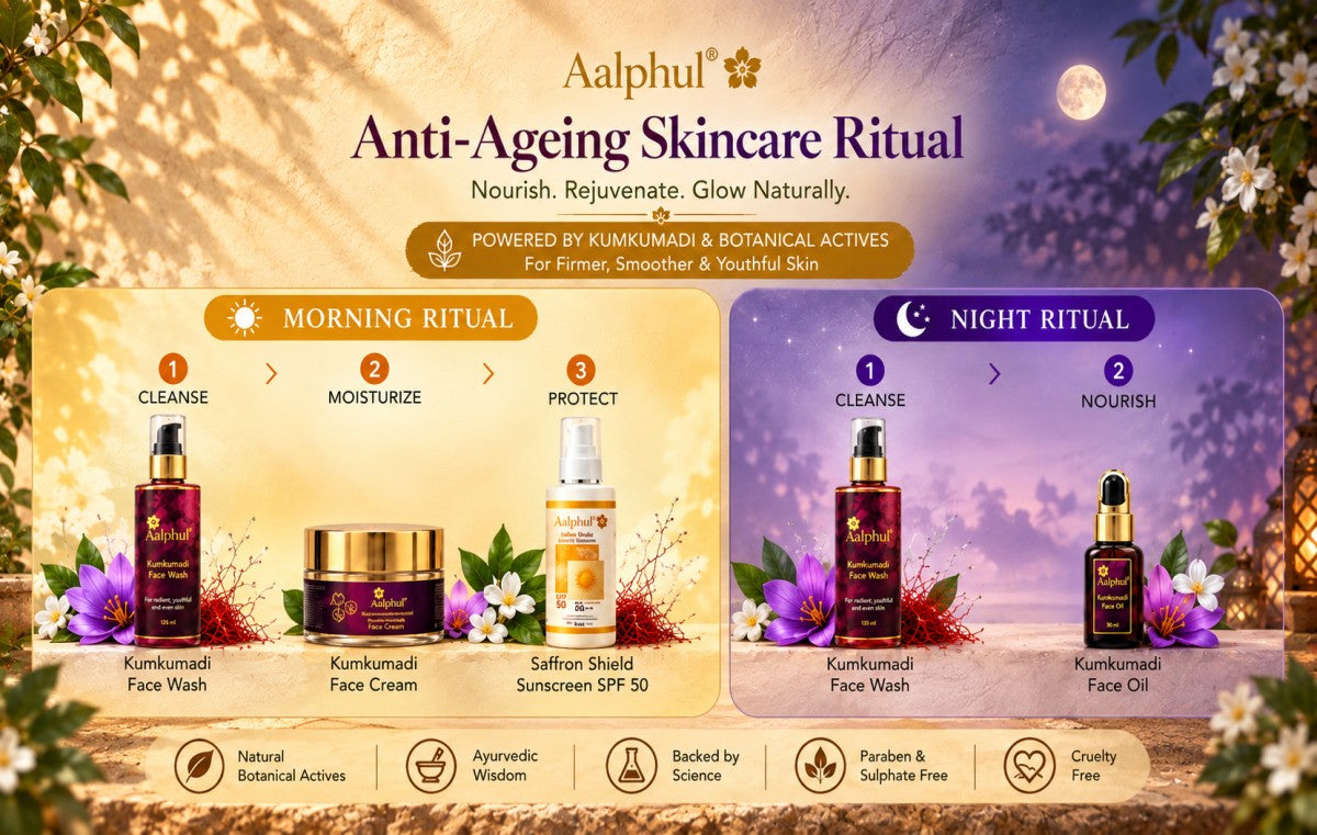 Aalphul Anti-Aging Skincare Ritual featuring Kumkumadi Face Wash, Kumkumadi Face Cream, Saffron Shield Sunscreen SPF 50 and Kumkumadi Face Oil in morning and night skincare routines