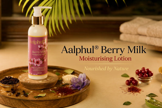 A bottle of Aalphul Berry Milk Moisturising Lotion stands on a wooden tray with spa-style props including folded towels, cherries, and botanical elements in a warm, spa-like setting.