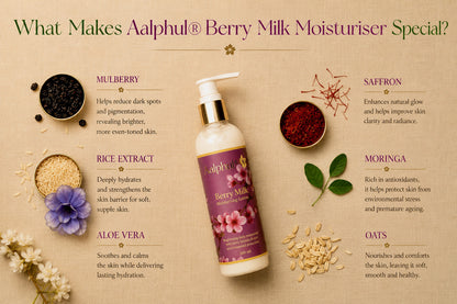 A bottle of Aalphul Berry Milk Moisturiser is centered on a textured beige background with ingredient details and decorative botanicals. The bottle is white with a gold cap and a purple label featuring pink berry graphics.