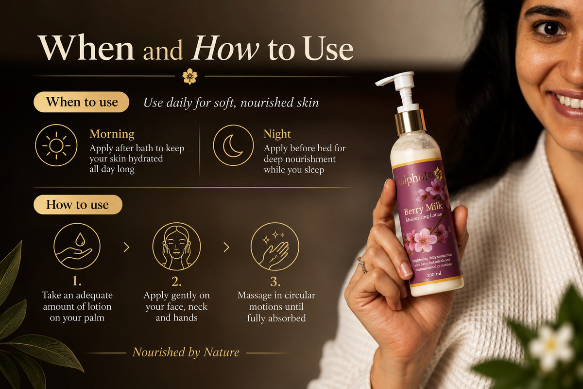A woman holds a bottle of Berry Milk body lotion against a dark promotional background with skincare usage instructions. The bottle is white with a purple label and gold pump, and the scene includes text about morning and night application.